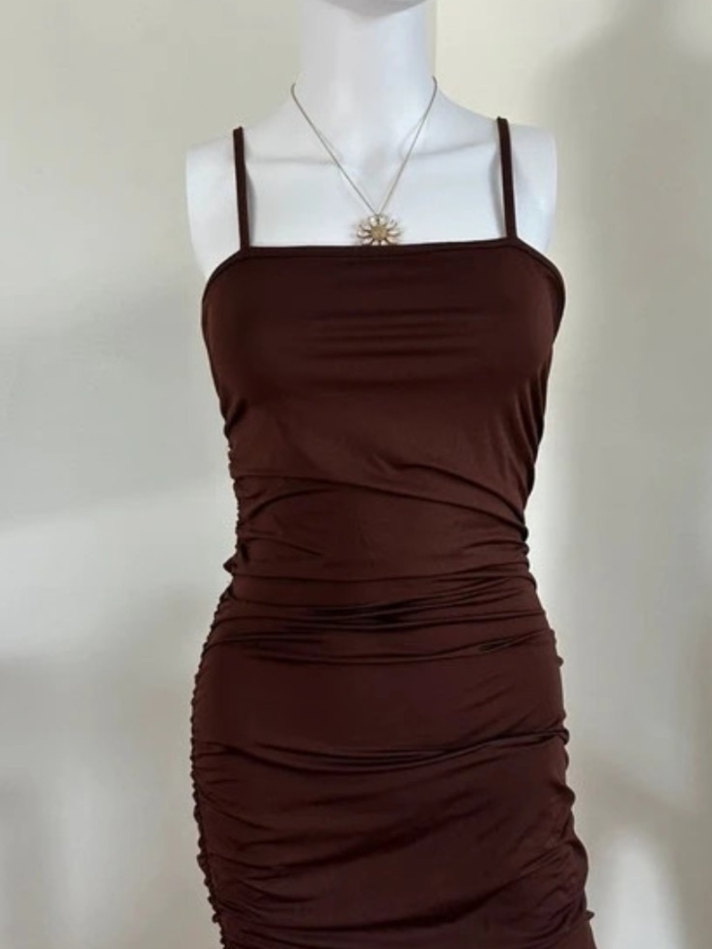 Chocolate Brown Ruched Spaghetti Strap Mini Dress - Women